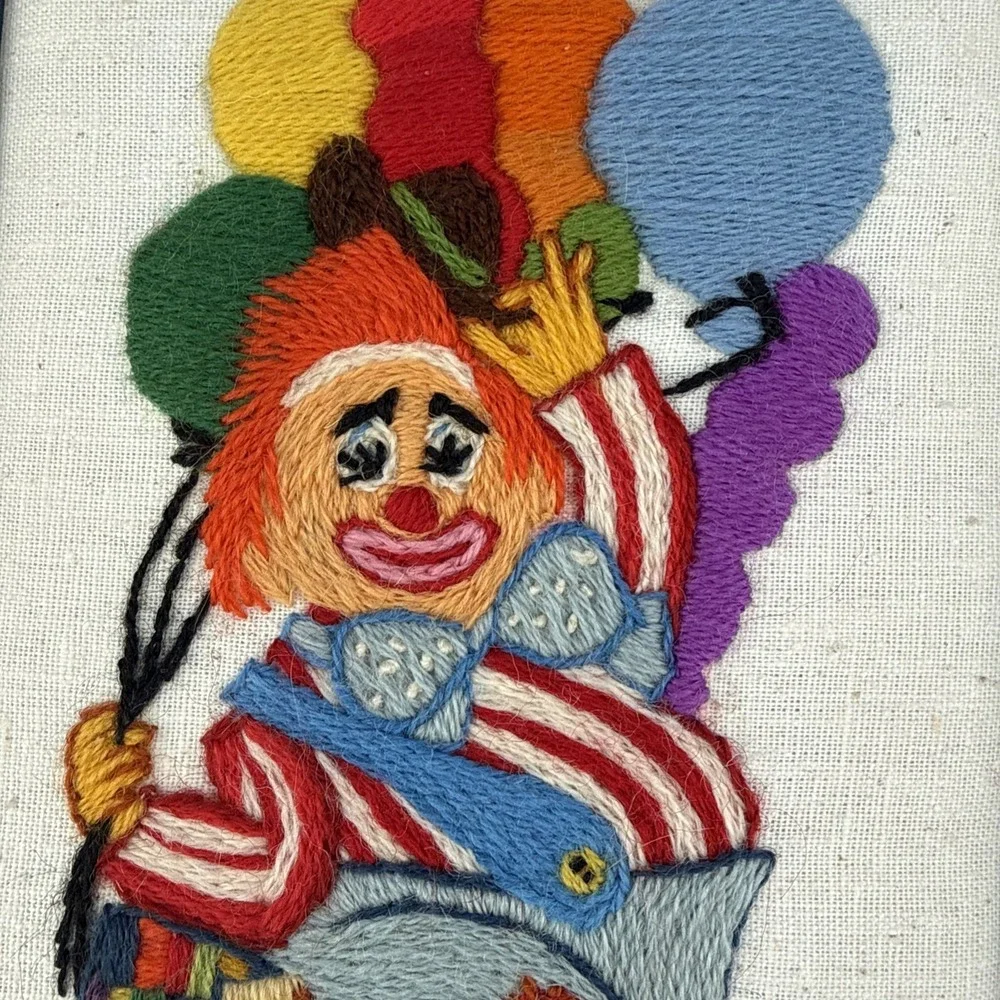 VTG 1970s Hand Embroidered Clown w Balloons Framed Needlework Wall Art